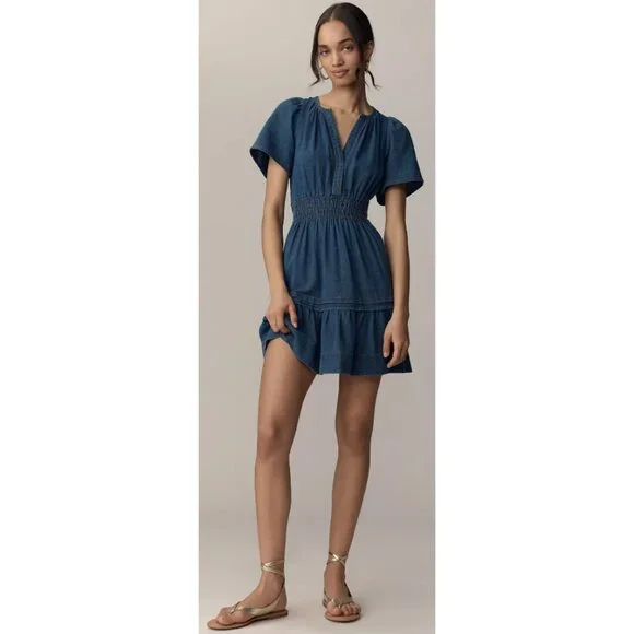 BY ANTHROPOLOGIE The Somerset Mini Dress Denim Edition Tiered Boho Comfort XS - Picture 1 of 15